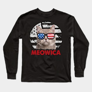 Funny Cat meowica 4th Of July USA American Flag Merica Long Sleeve T-Shirt